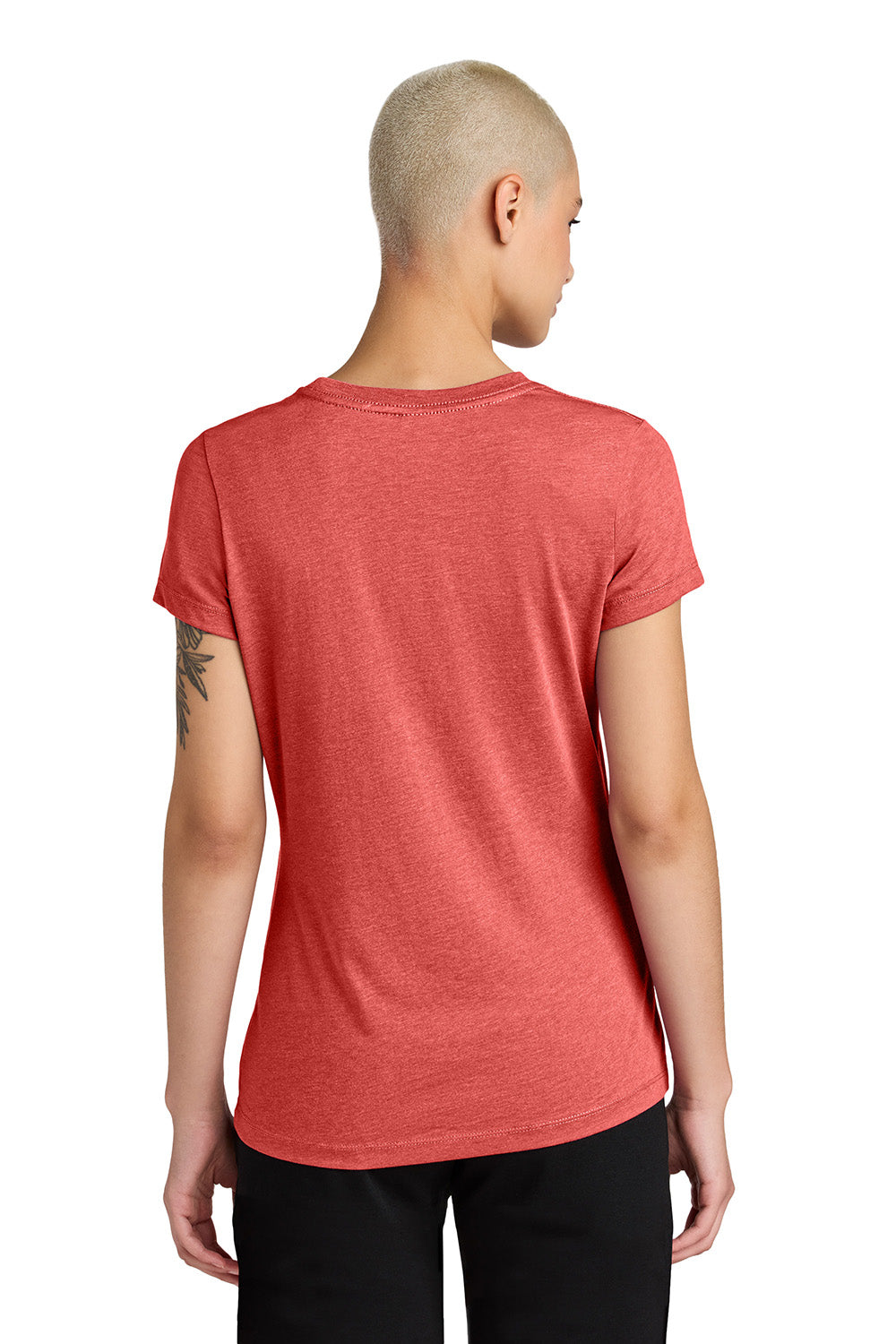 District DT188 Womens Perfect Weight CVC Short Sleeve Crewneck T-Shirt Heather Geranium Red Model Back
