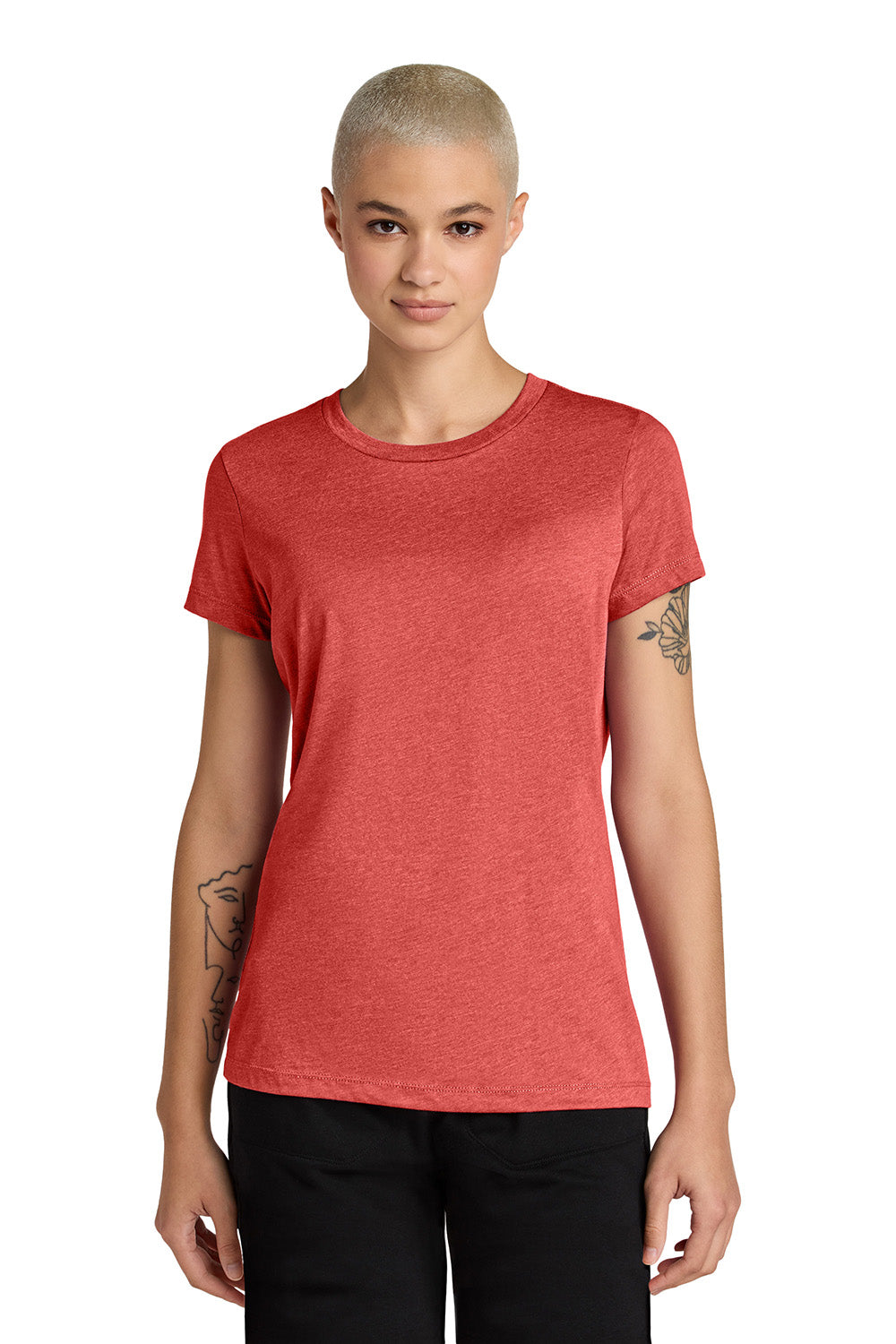 District DT188 Womens Perfect Weight CVC Short Sleeve Crewneck T-Shirt Heather Geranium Red Model Front