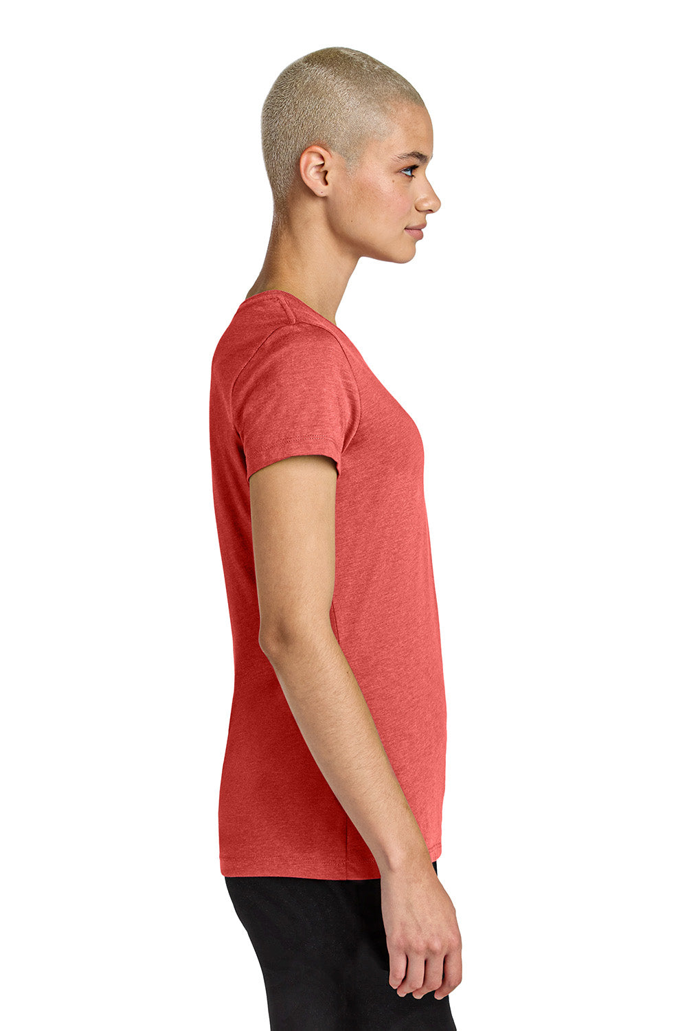 District DT188 Womens Perfect Weight CVC Short Sleeve Crewneck T-Shirt Heather Geranium Red Model Side