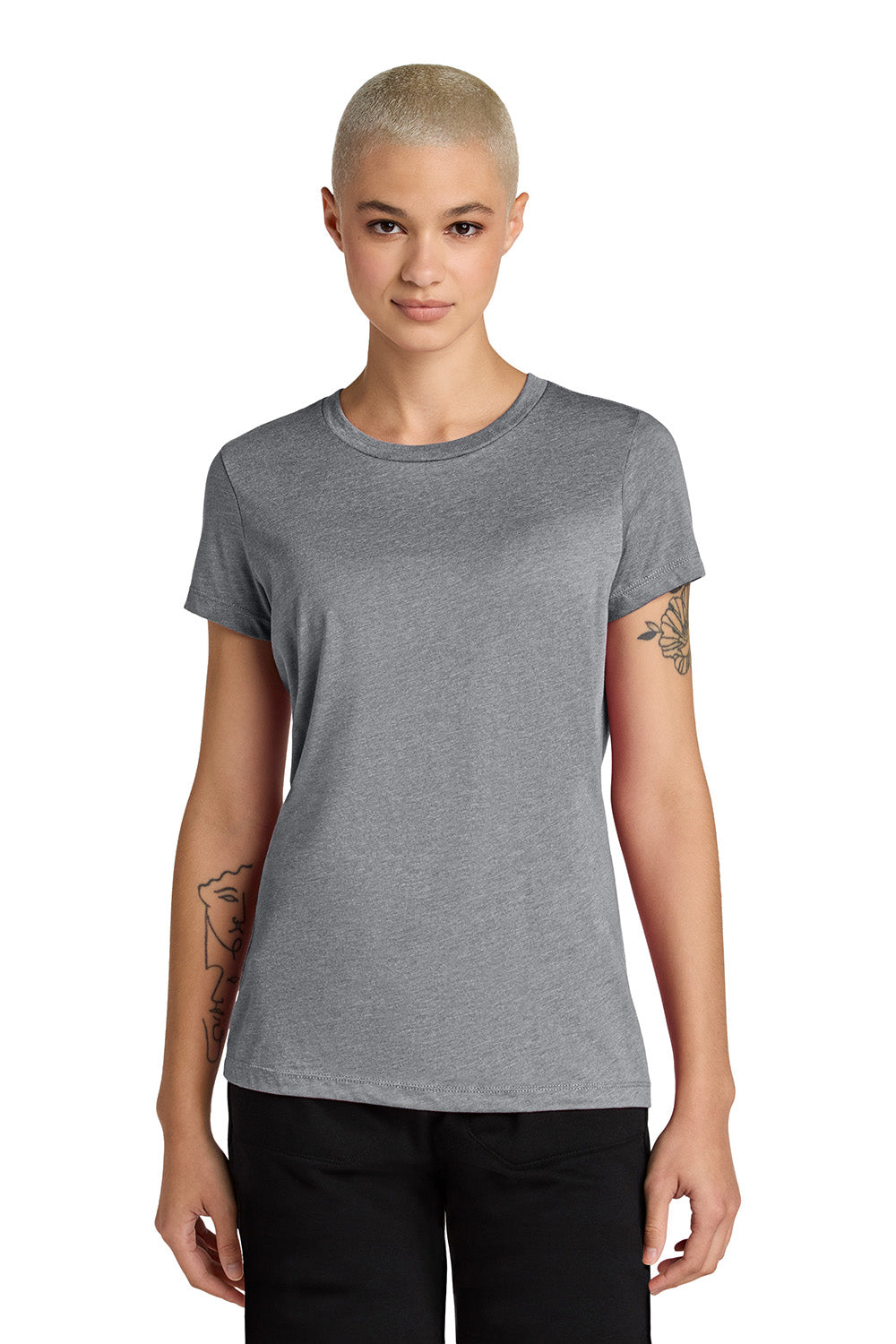 District DT188 Womens Perfect Weight CVC Short Sleeve Crewneck T-Shirt Heather Graphite Grey Model Front