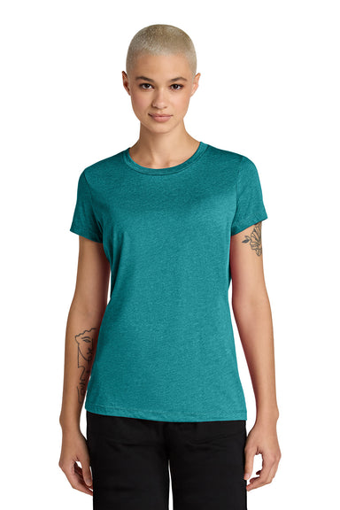 District DT188 Womens Perfect Weight CVC Short Sleeve Crewneck T-Shirt Heathered Teal Blue Model Front