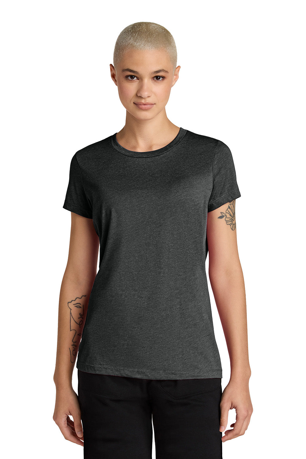 District DT188 Womens Perfect Weight CVC Short Sleeve Crewneck T-Shirt Heather Jet Black Model Front