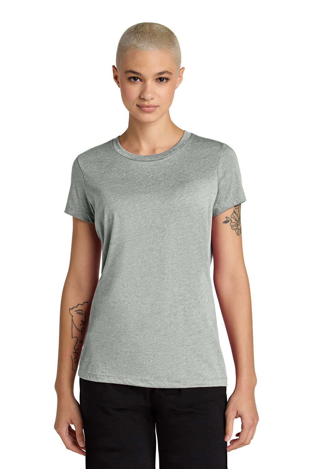 District DT188 Womens Perfect Weight CVC Short Sleeve Crewneck T-Shirt Heather Light Grey Model Front