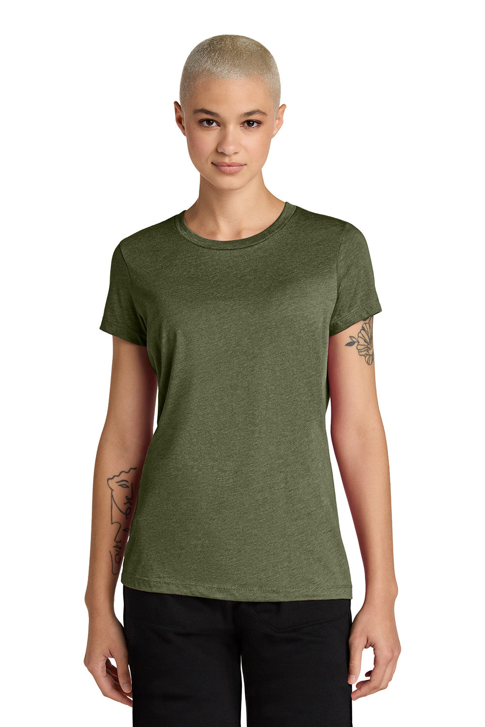 District DT188 Womens Perfect Weight CVC Short Sleeve Crewneck T-Shirt Heather Military Green Model Front
