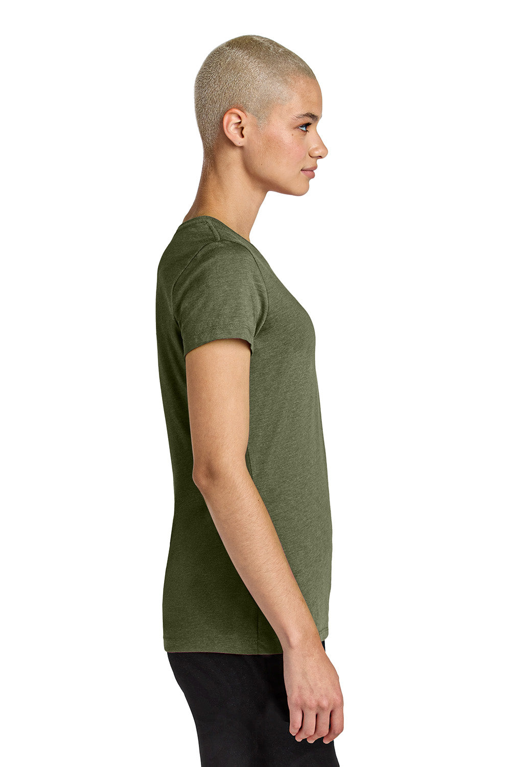 District DT188 Womens Perfect Weight CVC Short Sleeve Crewneck T-Shirt Heather Military Green Model Side