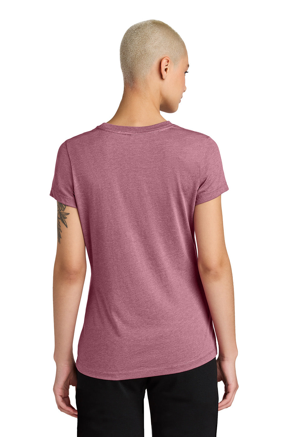 District DT188 Womens Perfect Weight CVC Short Sleeve Crewneck T-Shirt Heather Orchid Haze Purple Model Back