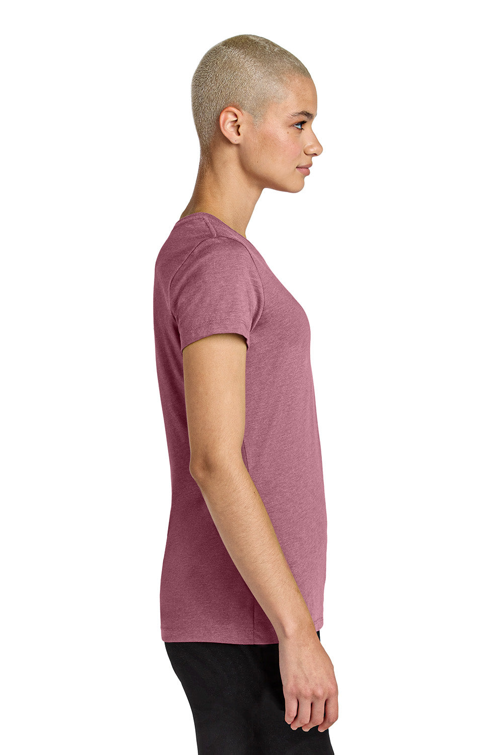District DT188 Womens Perfect Weight CVC Short Sleeve Crewneck T-Shirt Heather Orchid Haze Purple Model Side