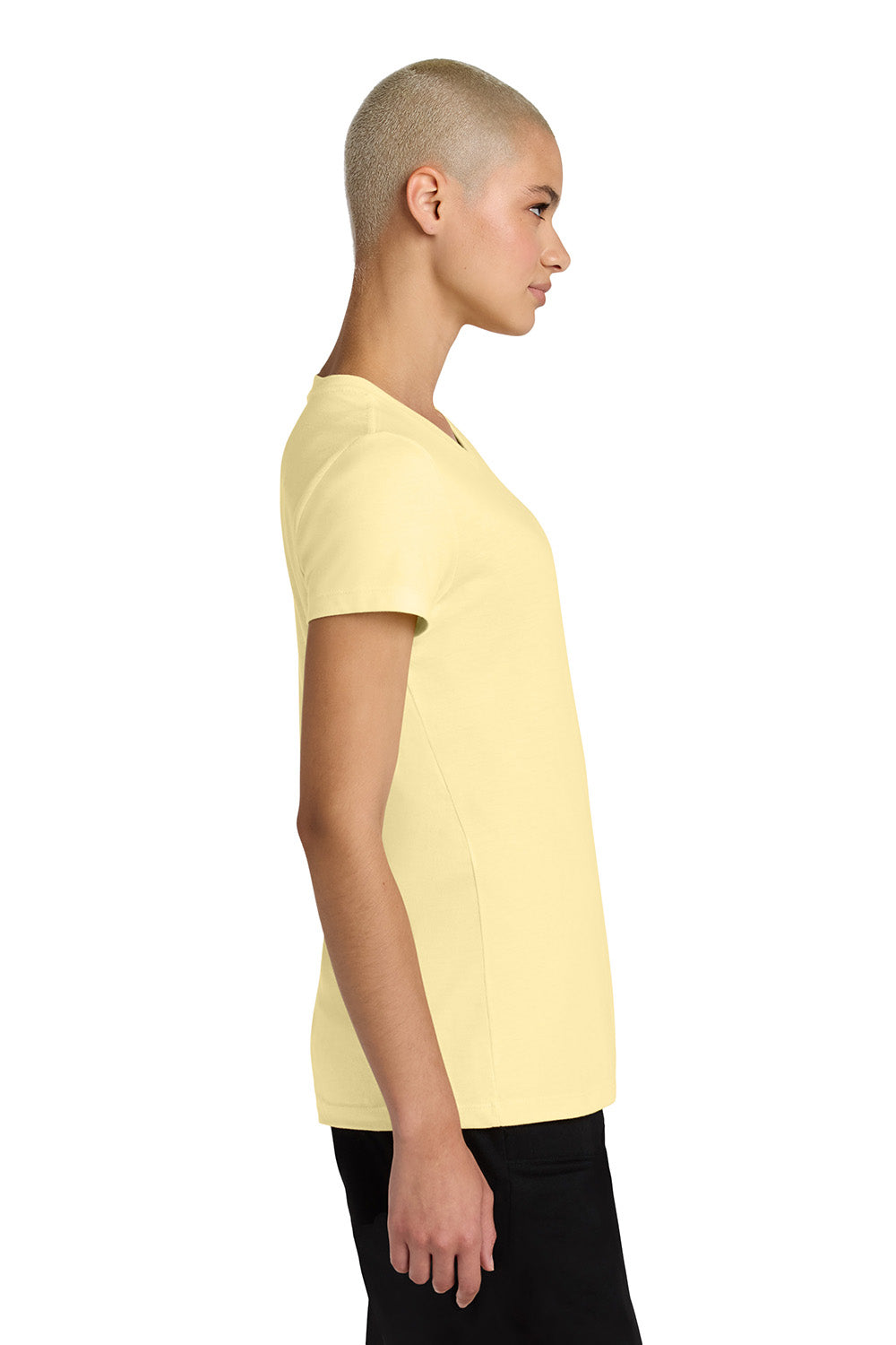 District DT188 Womens Perfect Weight CVC Short Sleeve Crewneck T-Shirt Soft Yellow Model Side