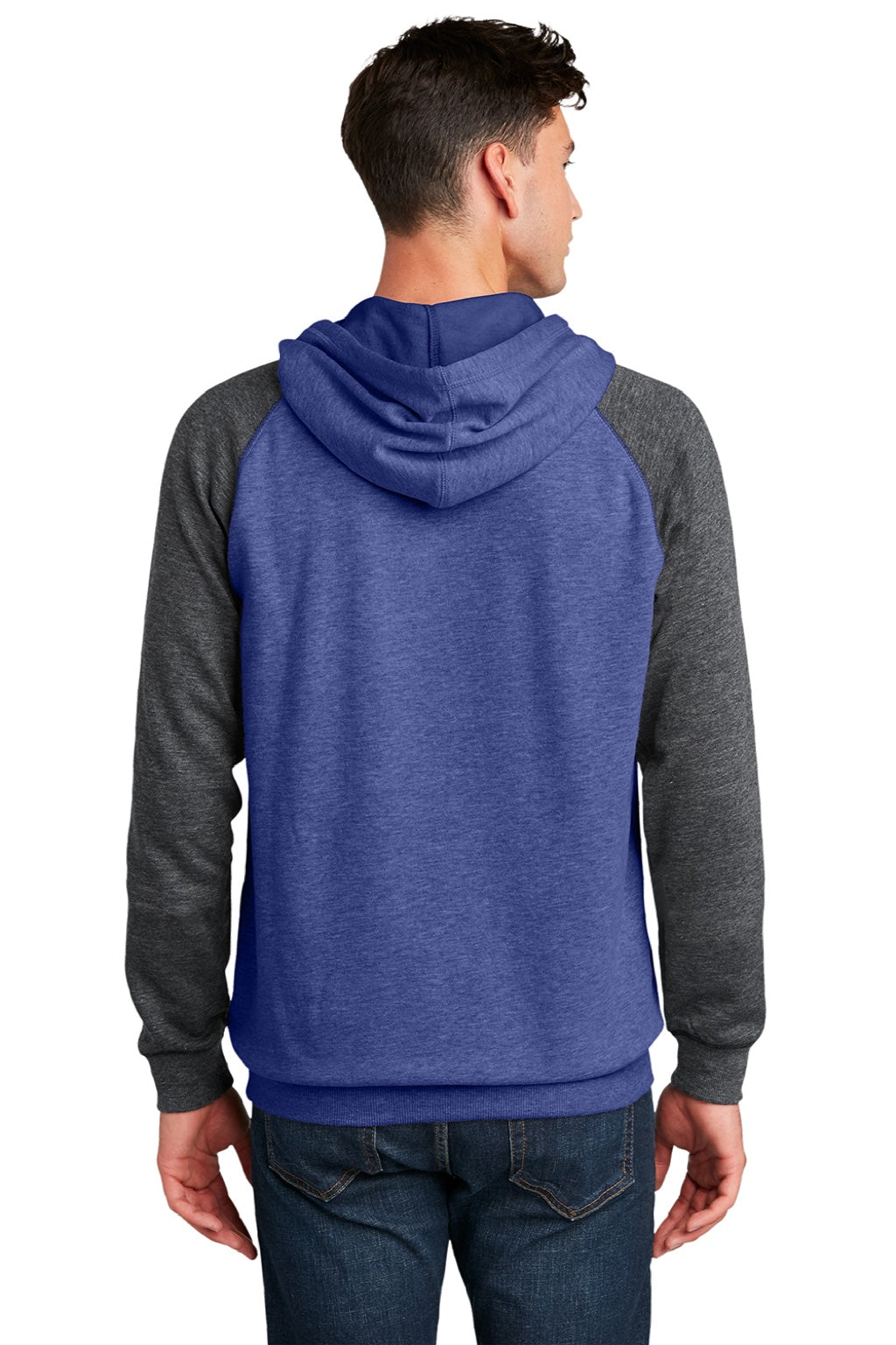 District DT196 Mens Fleece Hooded Sweatshirt Hoodie w/ Pouch Pocket Heather Deep Royal Blue/Grey Model Back