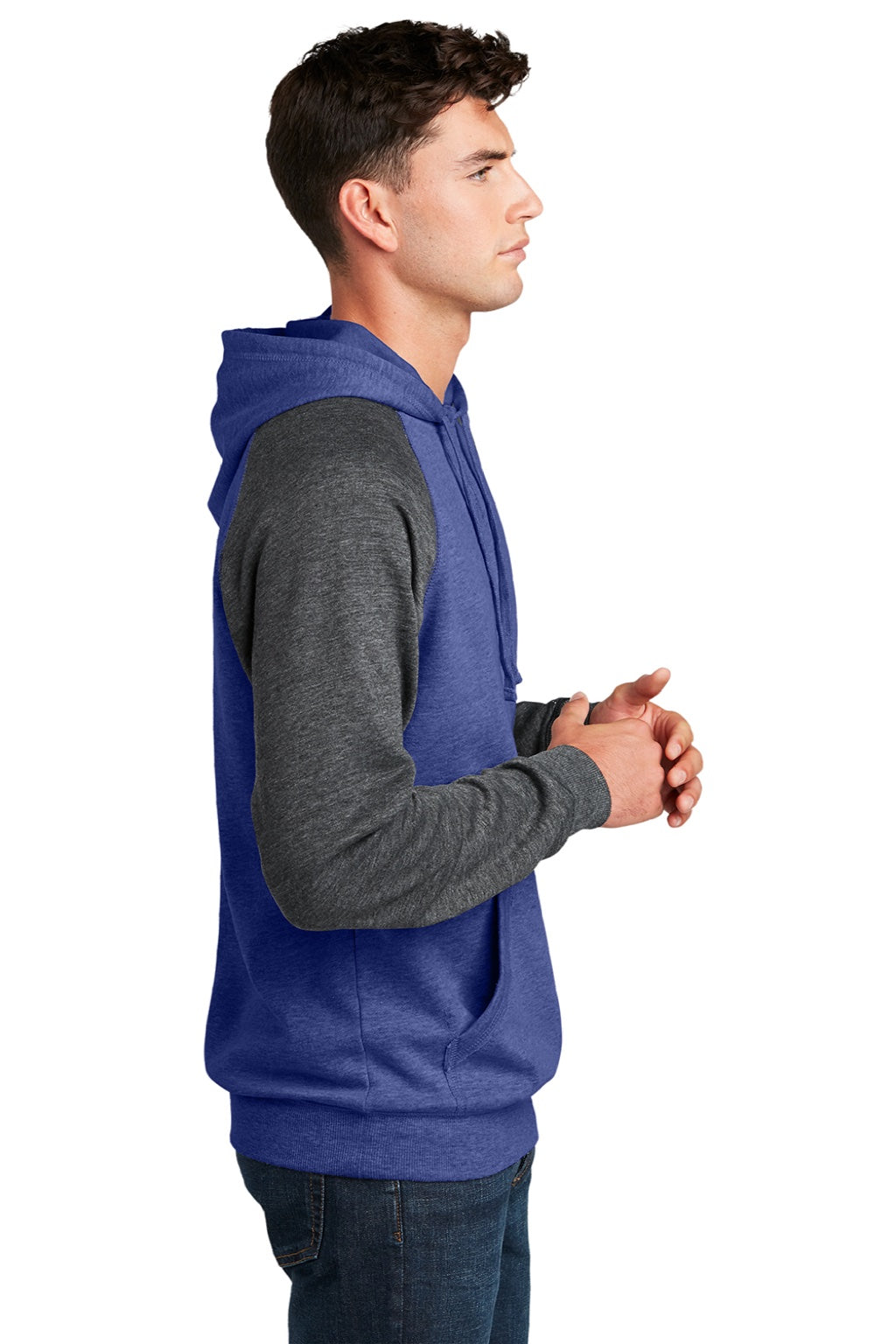 District DT196 Mens Fleece Hooded Sweatshirt Hoodie w/ Pouch Pocket Heather Deep Royal Blue/Grey Model Side