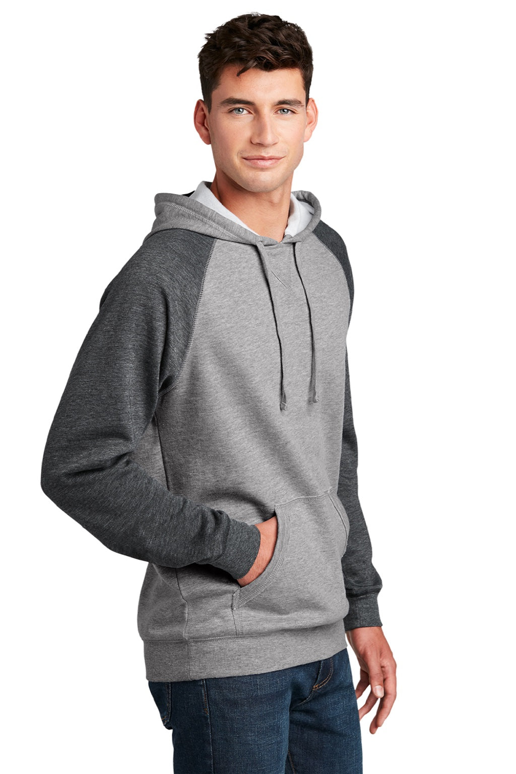 District DT196 Mens Fleece Hooded Sweatshirt Hoodie w/ Pouch Pocket Heather Grey/Grey Model 3q