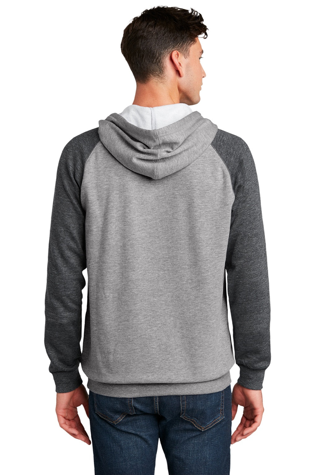 District DT196 Mens Fleece Hooded Sweatshirt Hoodie w/ Pouch Pocket Heather Grey/Grey Model Back