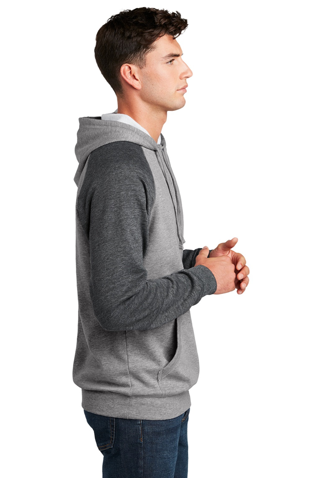 District DT196 Mens Fleece Hooded Sweatshirt Hoodie w/ Pouch Pocket Heather Grey/Grey Model Side