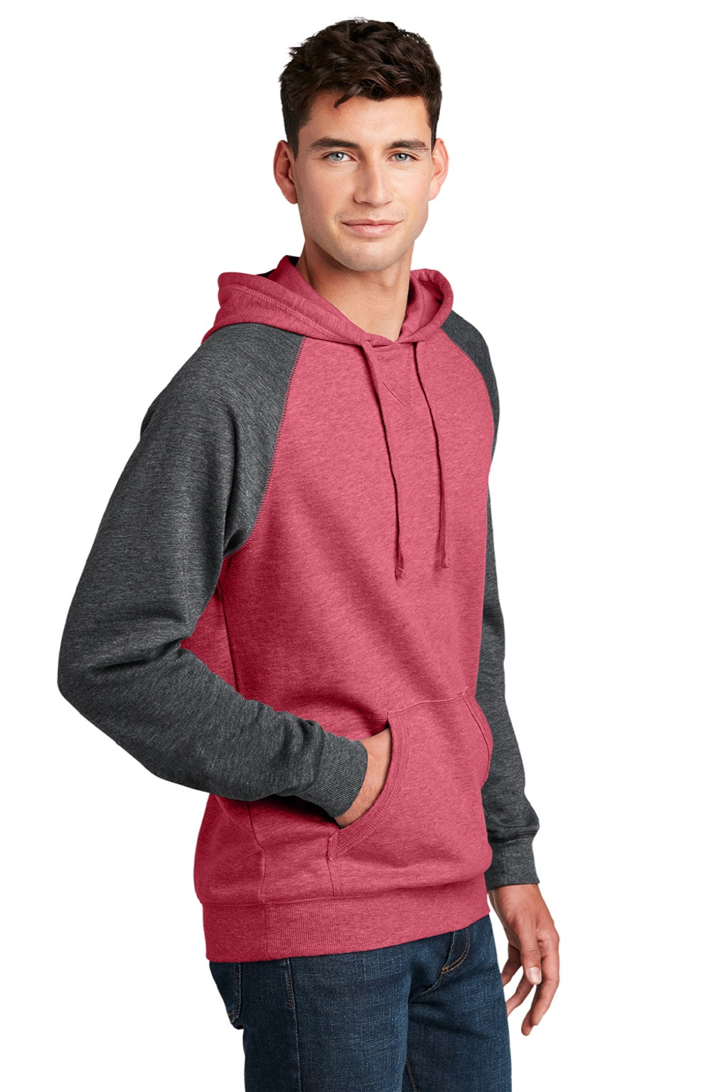 District DT196 Mens Fleece Hooded Sweatshirt Hoodie w/ Pouch Pocket Heather Red/Grey Model 3q