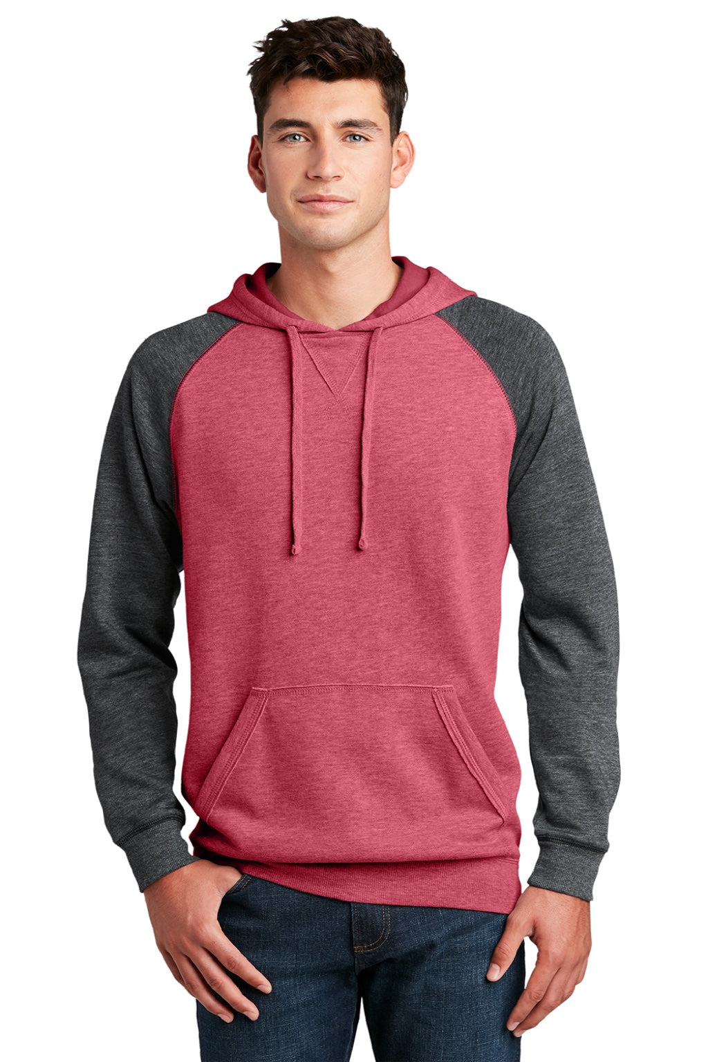District DT196 Mens Fleece Hooded Sweatshirt Hoodie w/ Pouch Pocket Heather Red/Grey Model Front