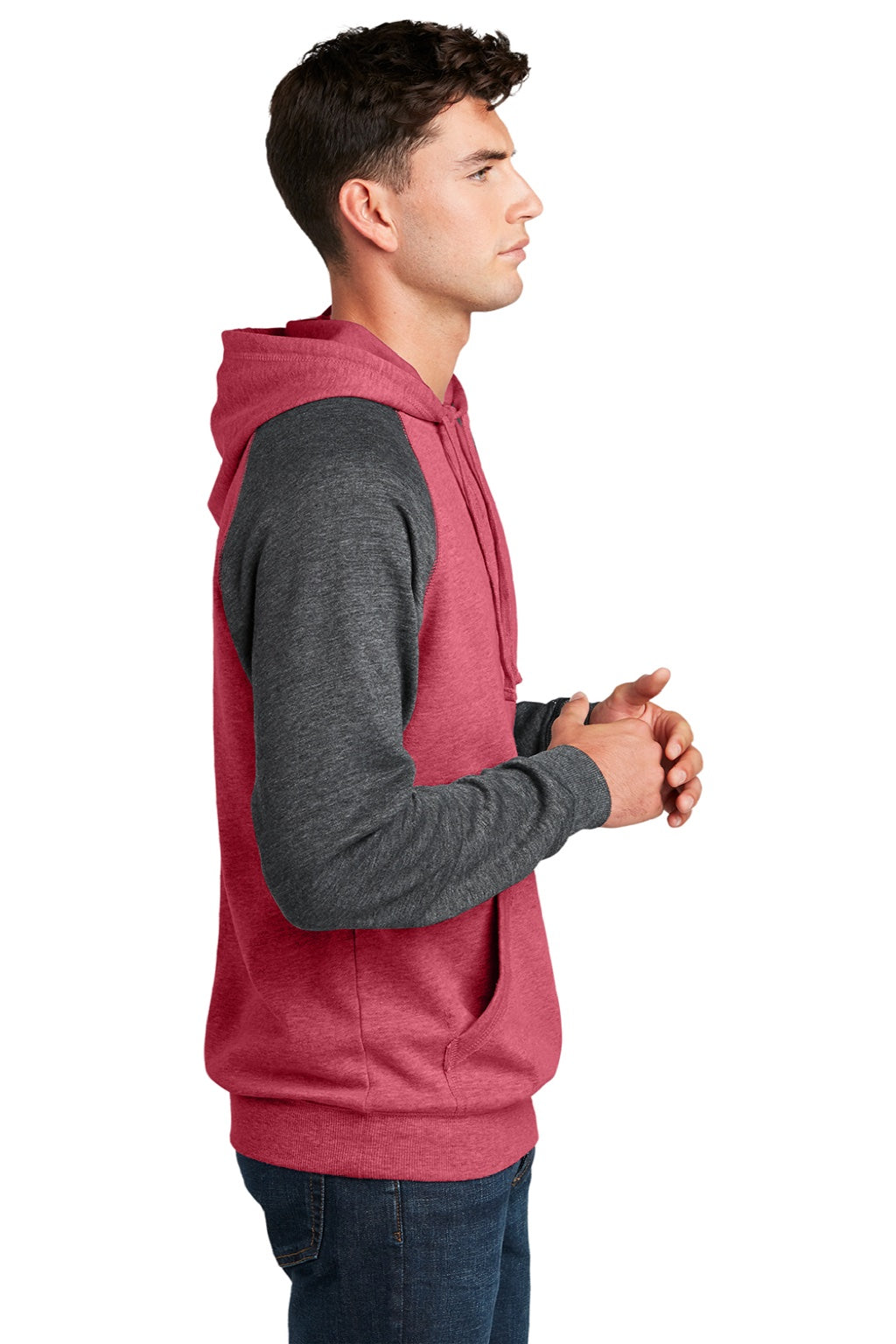 District DT196 Mens Fleece Hooded Sweatshirt Hoodie w/ Pouch Pocket Heather Red/Grey Model Side