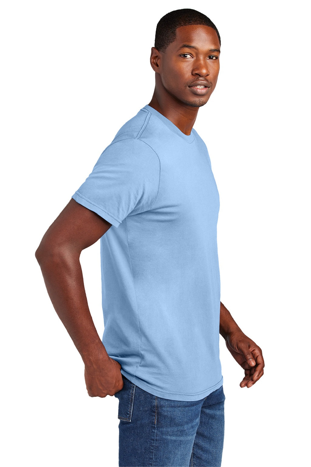 District DT2101 Mens District Wash Short Sleeve Crewneck T-Shirt Heritage Blue Model Side