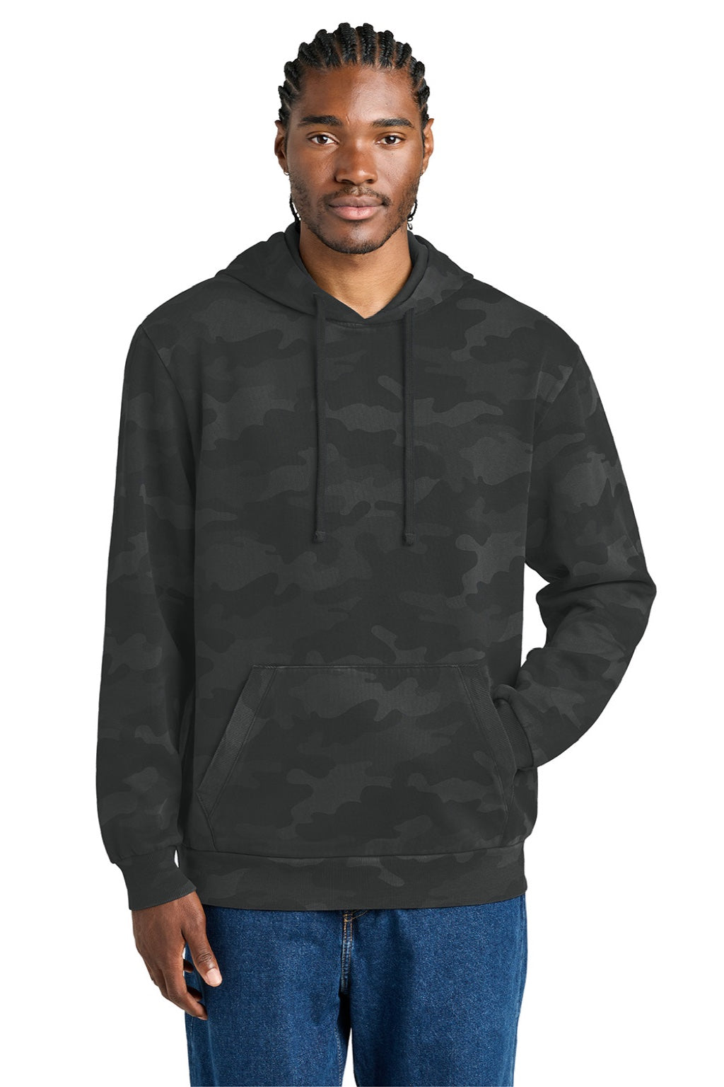 District DT2200C Mens Camo Fleece Hooded Sweatshirt Hoodie w/ Pouch Pocket Black Model Front