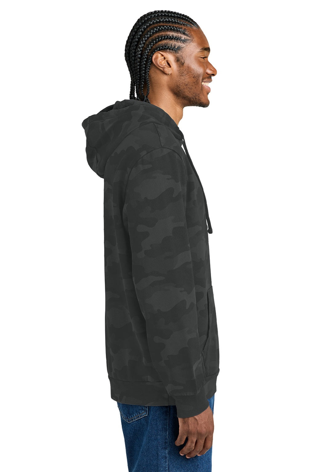 District DT2200C Mens Camo Fleece Hooded Sweatshirt Hoodie w/ Pouch Pocket Black Model Side