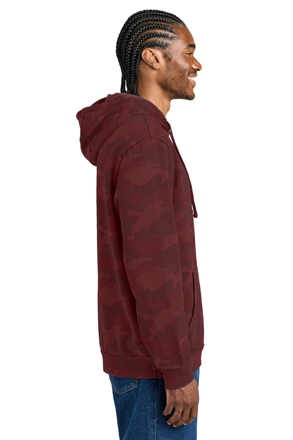 District DT2200C Mens Camo Fleece Hooded Sweatshirt Hoodie w/ Pouch Pocket Bordeaux Red Model Side