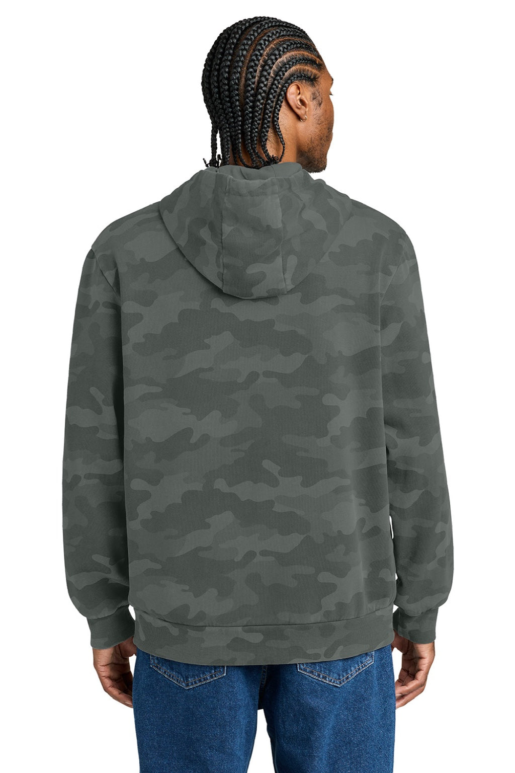 District DT2200C Mens Camo Fleece Hooded Sweatshirt Hoodie w/ Pouch Pocket Graphite Grey Model Back