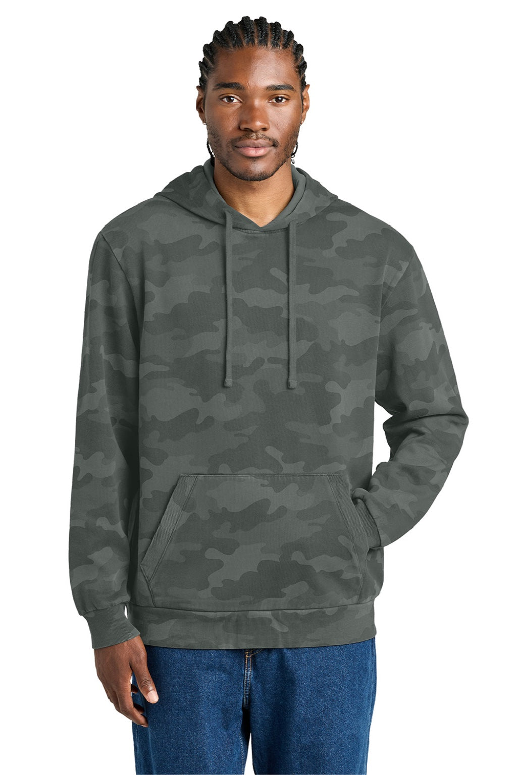 District DT2200C Mens Camo Fleece Hooded Sweatshirt Hoodie w/ Pouch Pocket Graphite Grey Model Front