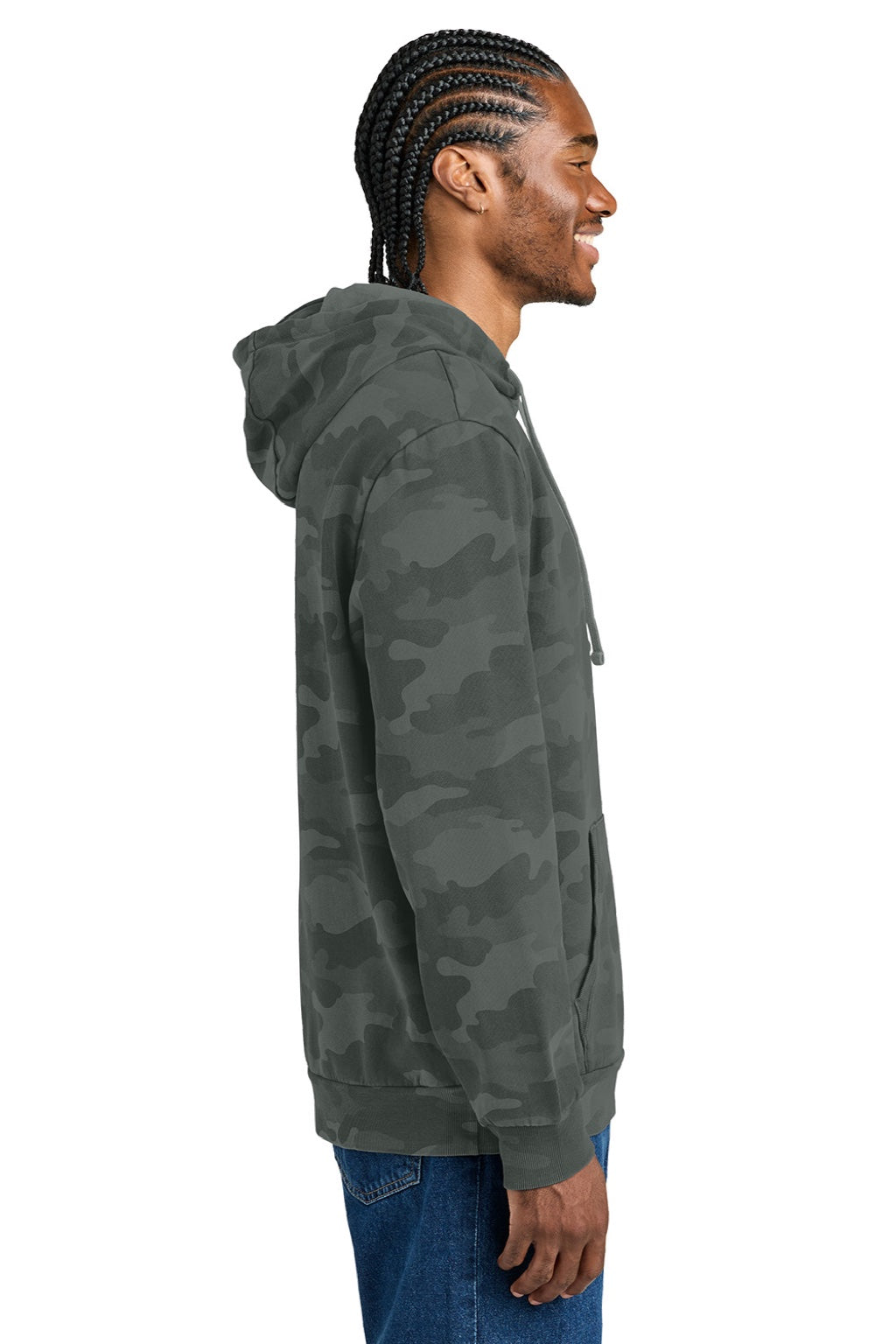 District DT2200C Mens Camo Fleece Hooded Sweatshirt Hoodie w/ Pouch Pocket Graphite Grey Model Side