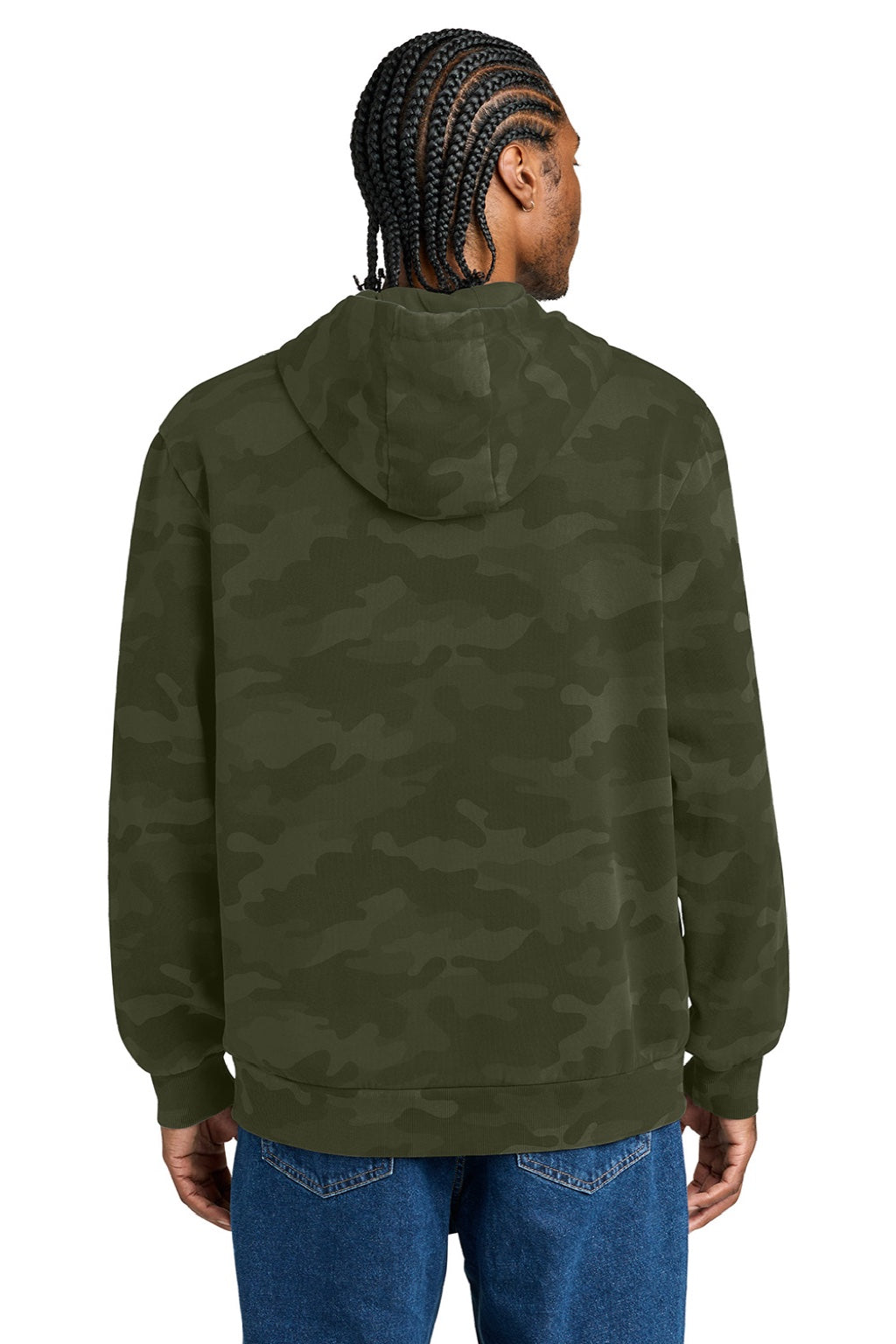 District DT2200C Mens Camo Fleece Hooded Sweatshirt Hoodie w/ Pouch Pocket Olive Drab Green Model Back