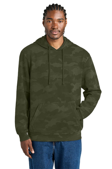 District DT2200C Mens Camo Fleece Hooded Sweatshirt Hoodie w/ Pouch Pocket Olive Drab Green Model Front