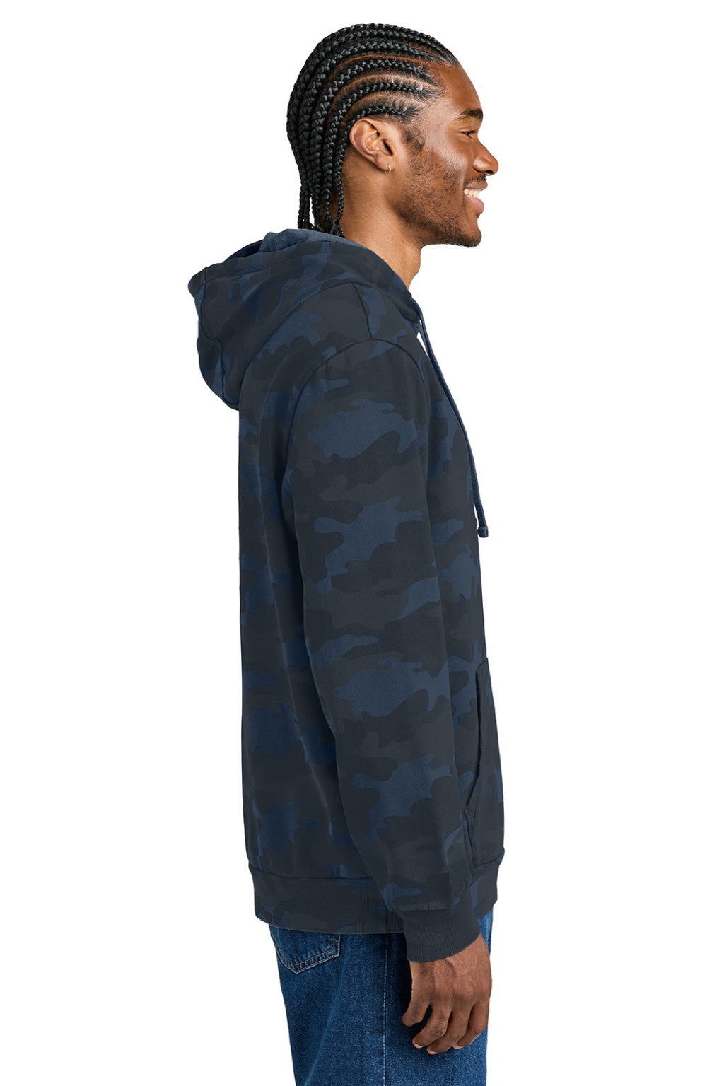 District DT2200C Mens Camo Fleece Hooded Sweatshirt Hoodie w/ Pouch Pocket True Navy Blue Model Side