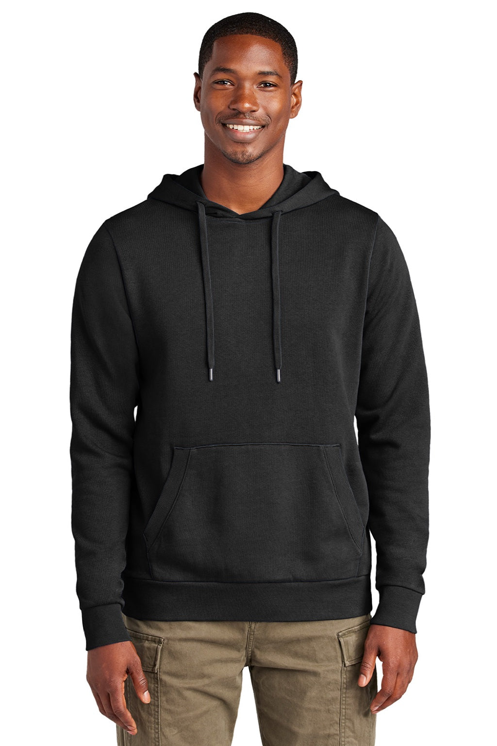 District DT2200 Mens District Wash Fleece Hooded Sweatshirt Hoodie w/ Pouch Pocket Black Model Front