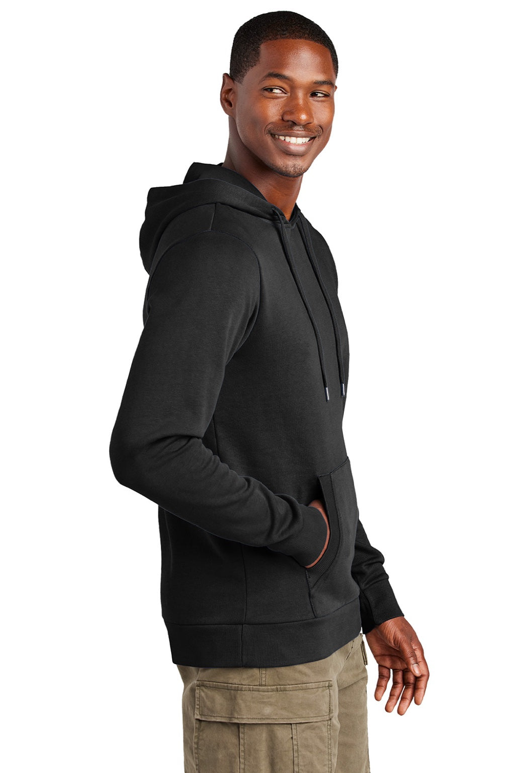 District DT2200 Mens District Wash Fleece Hooded Sweatshirt Hoodie w/ Pouch Pocket Black Model Side