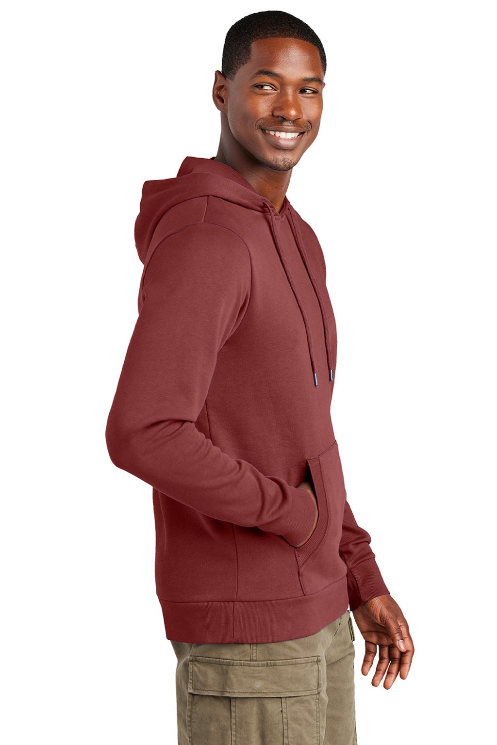 District DT2200 Mens District Wash Fleece Hooded Sweatshirt Hoodie w/ Pouch Pocket Garnet Red Model Side