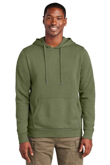 District DT2200 Mens District Wash Fleece Hooded Sweatshirt Hoodie w/ Pouch Pocket Olive Drab Green Model Front