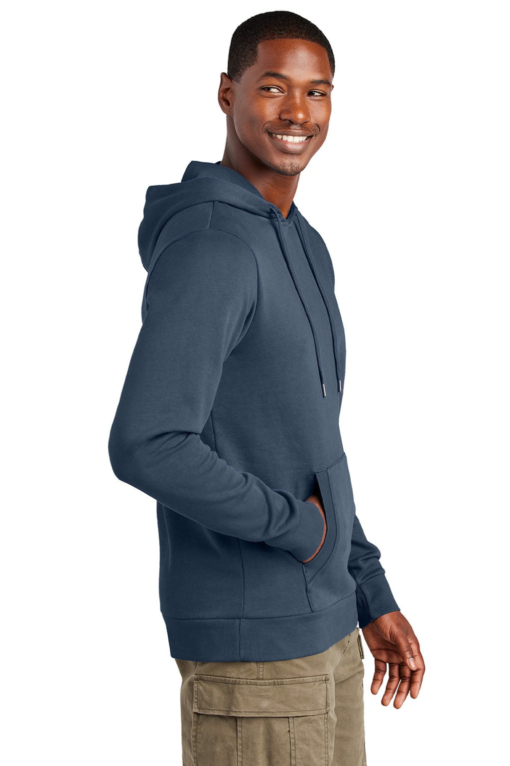 District DT2200 Mens District Wash Fleece Hooded Sweatshirt Hoodie w/ Pouch Pocket True Navy Blue Model Side