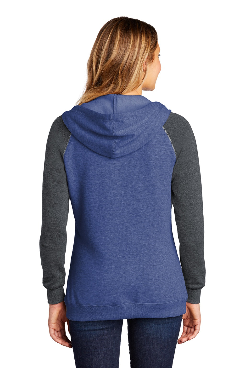 District DT296 Womens Fleece Hooded Sweatshirt Hoodie w/ Pouch Pocket Heather Royal Blue/Charcoal Grey Model Back