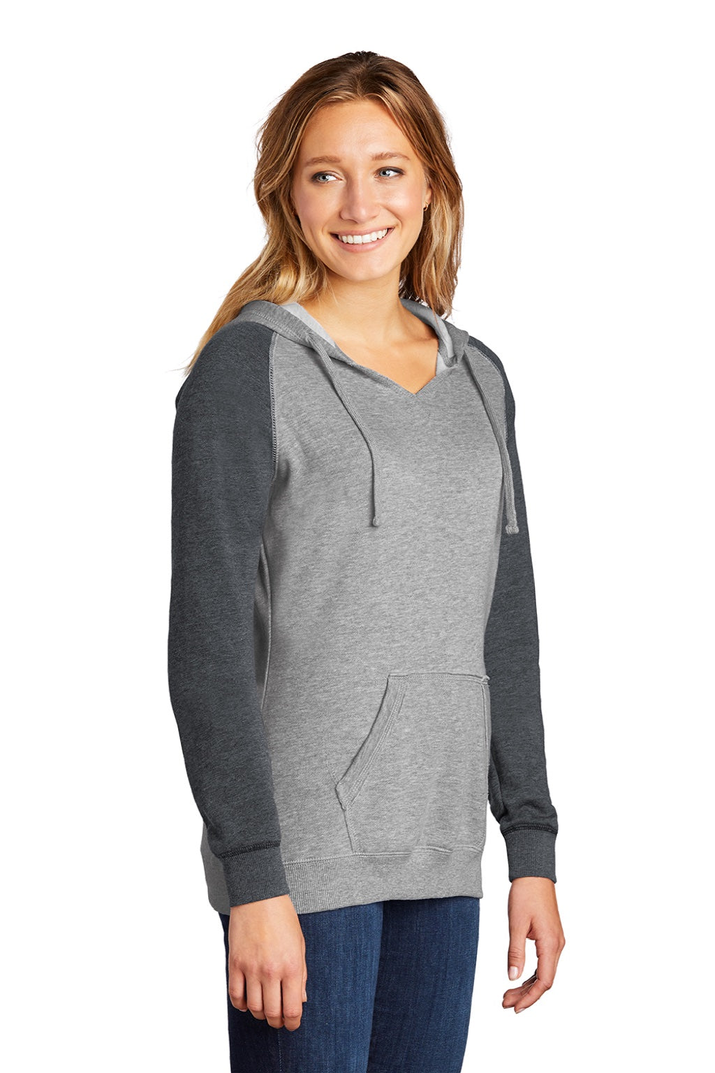 District DT296 Womens Fleece Hooded Sweatshirt Hoodie w/ Pouch Pocket Heather Grey/Charcoal Grey Model 3q