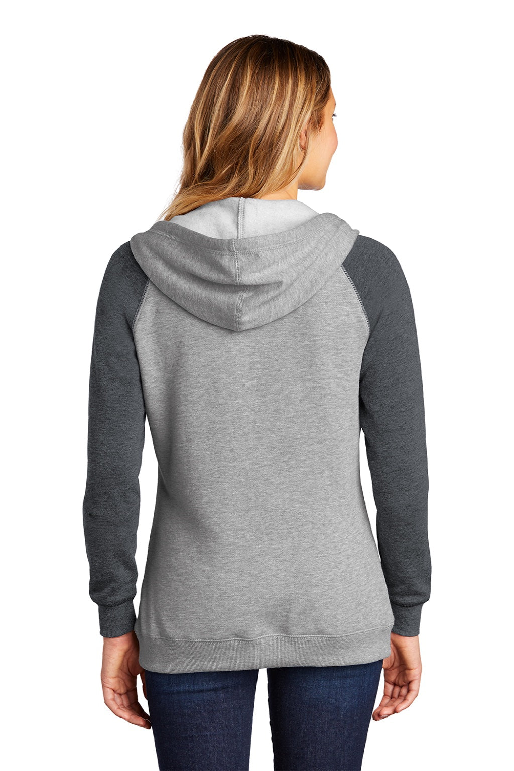District DT296 Womens Fleece Hooded Sweatshirt Hoodie w/ Pouch Pocket Heather Grey/Charcoal Grey Model Back
