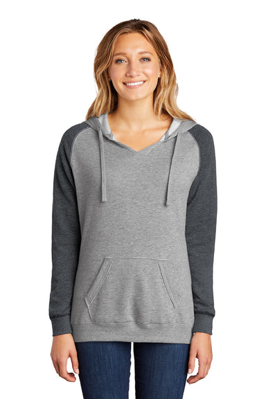 District DT296 Womens Fleece Hooded Sweatshirt Hoodie w/ Pouch Pocket Heather Grey/Charcoal Grey Model Front