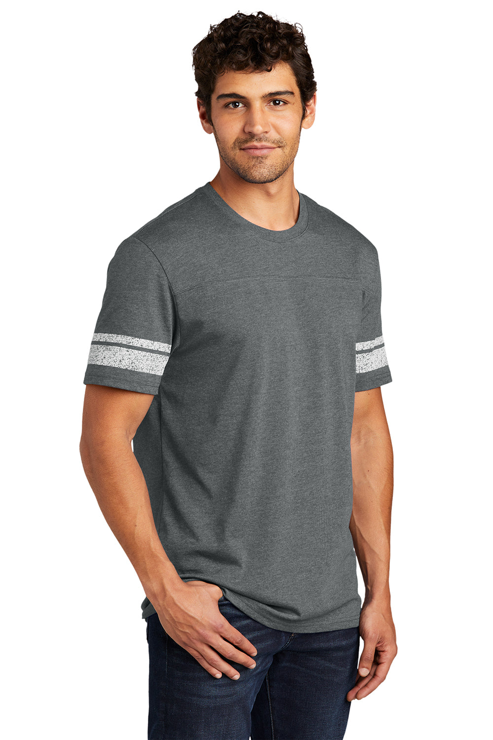 District DT376 Mens Game Short Sleeve Crewneck T-Shirt Heather Charcoal Grey/White Model 3q