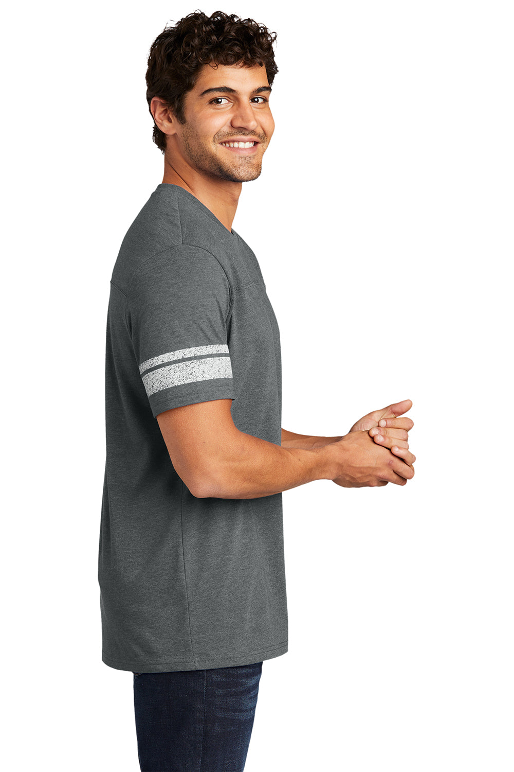 District DT376 Mens Game Short Sleeve Crewneck T-Shirt Heather Charcoal Grey/White Model Side