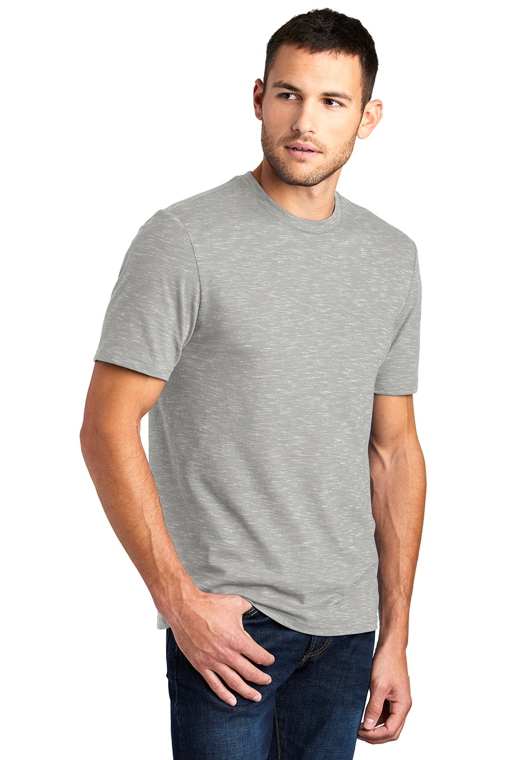 District DT564 Mens Medal Short Sleeve Crewneck T-Shirt Light Grey Model 3q