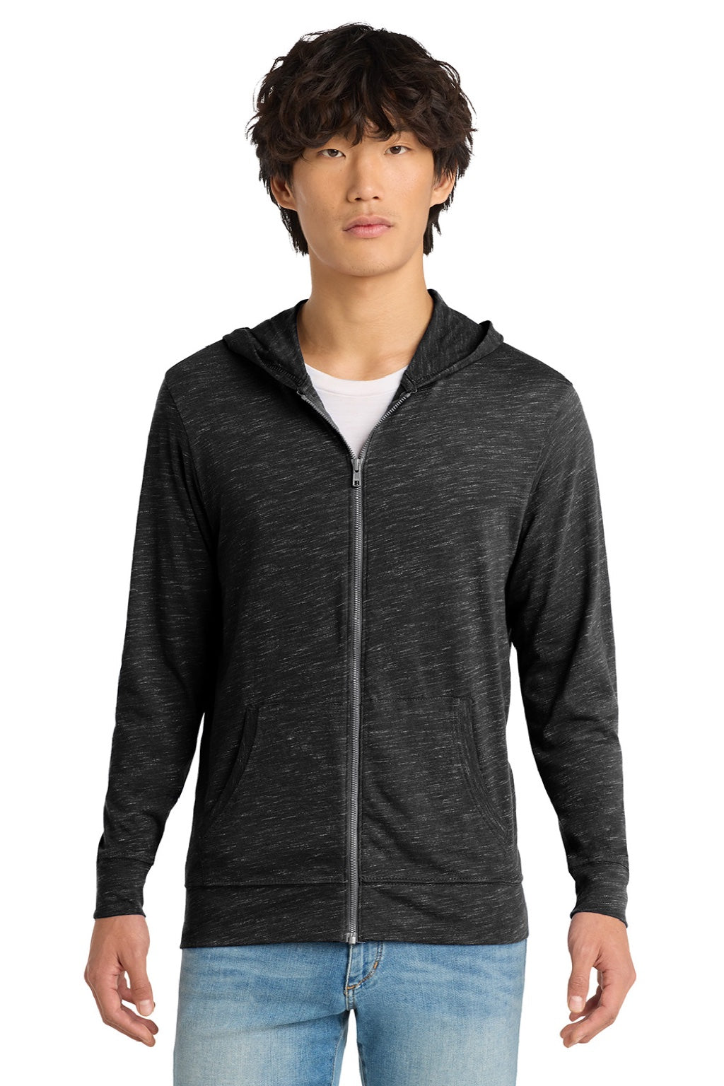 District DT565 Mens Medal Full Zip Hooded Sweatshirt Hoodie w/ Pockets Black Model Front