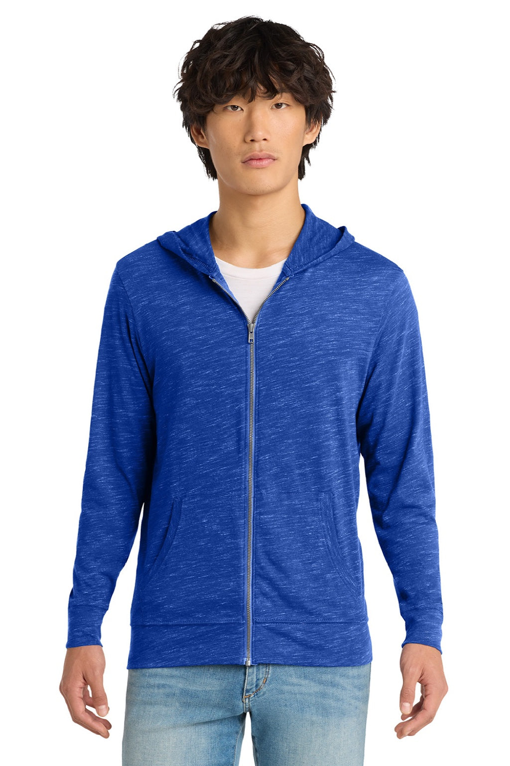 District DT565 Mens Medal Full Zip Hooded Sweatshirt Hoodie w/ Pockets Deep Royal Blue Model Front