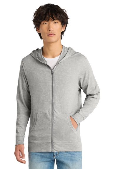 District DT565 Mens Medal Full Zip Hooded Sweatshirt Hoodie w/ Pockets Light Grey Model Front