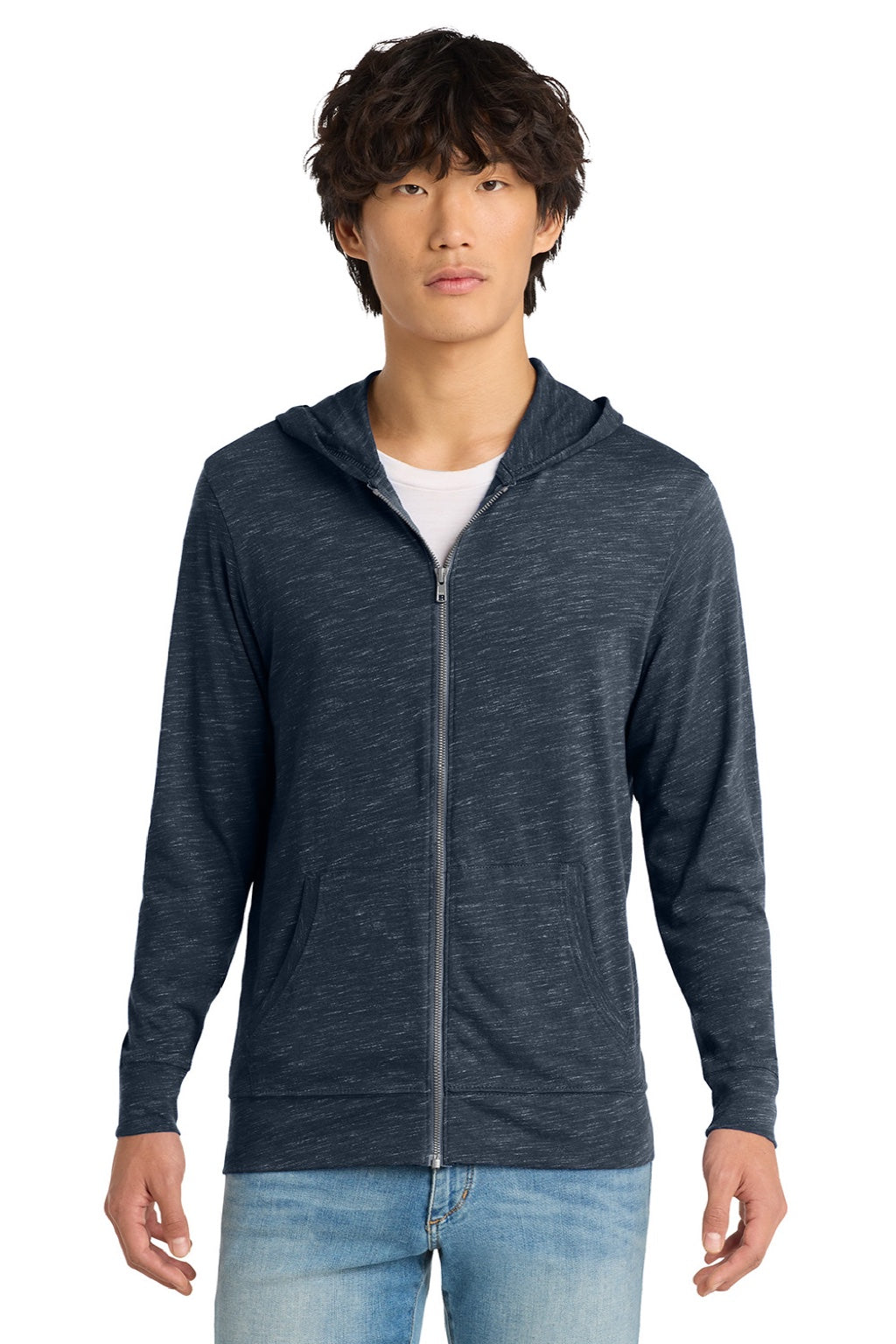 District DT565 Mens Medal Full Zip Hooded Sweatshirt Hoodie w/ Pockets New Navy Blue Model Front