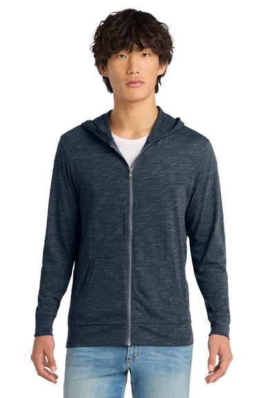 District DT565 Mens Medal Full Zip Hooded Sweatshirt Hoodie w/ Pockets New Navy Blue Model Front