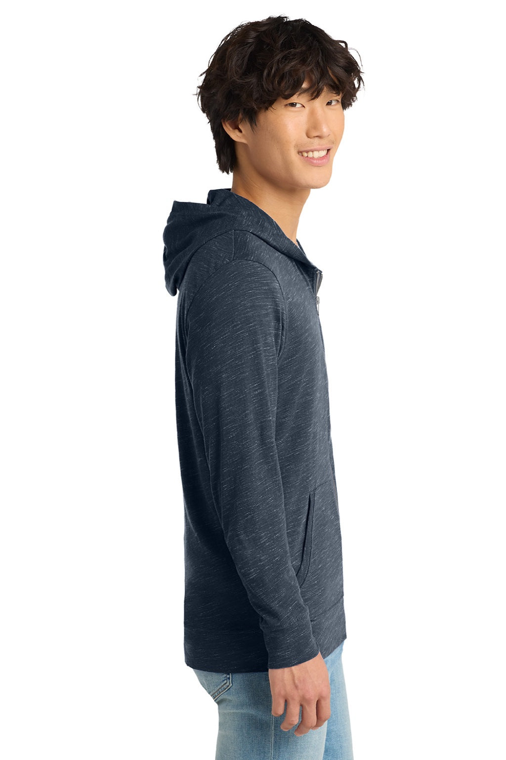 District DT565 Mens Medal Full Zip Hooded Sweatshirt Hoodie w/ Pockets New Navy Blue Model Side