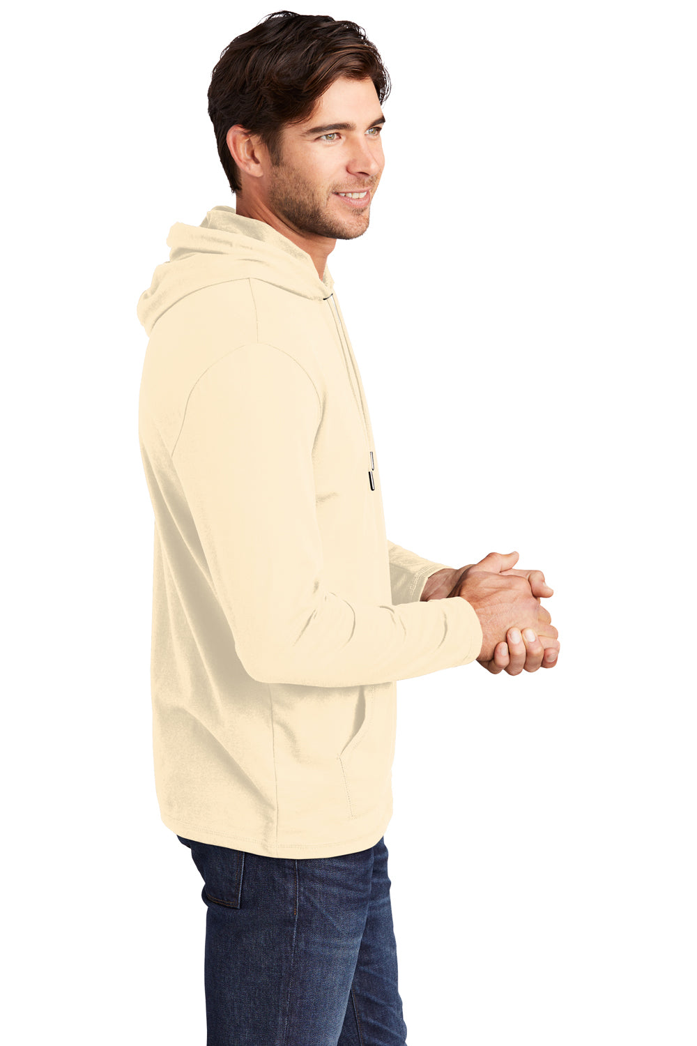 District DT571 Mens French Terry Hooded T-Shirt Hoodie Gardenia Model Side