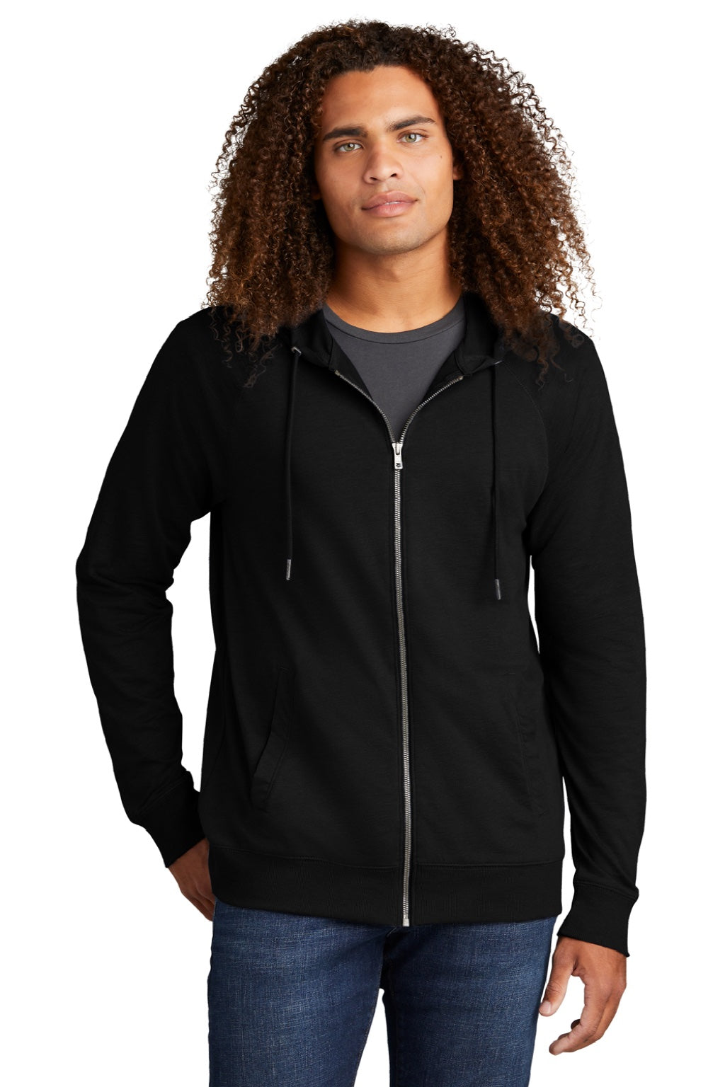 District DT573 Mens French Terry Full Zip Hooded Sweatshirt Hoodie w/ Pockets Black Model Front